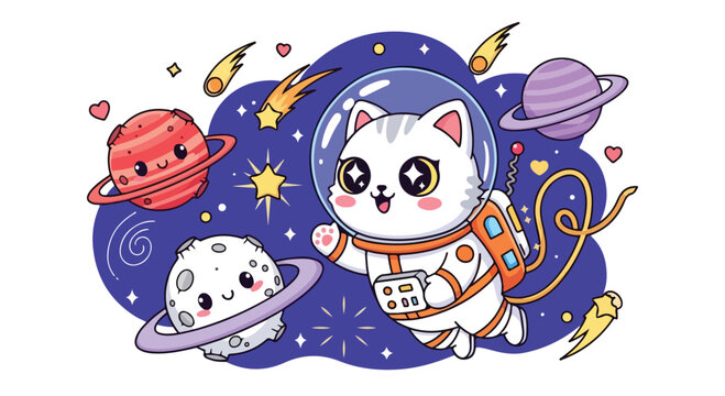 Cute cartoon cat dressed as an astronaut exploring outer space with planets stars and a spaceship background