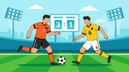 Two Soccer Players Competing for Ball in Stadium with Scoreboard Vector Illustration © sagar