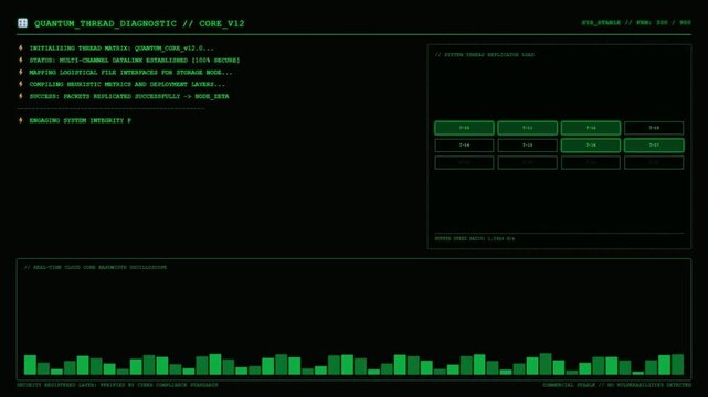Quantum Thread Diagnostic Core Displaying Real Time Cloud Core Bandwidth Oscilloscope Heuristic Metrics System Thread Replicator Load Green HUD Terminal Screen.