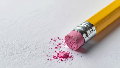 Obraz premium Eraser Dust: The worn pink eraser of a yellow pencil rests on a textured surface, surrounded by fine pink dust from its most recent use.