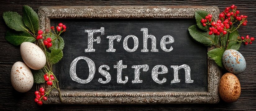 A chalkboard with "Frohe Ostern" and decorated with eggs, berries, and foliage on a wood background