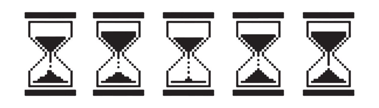 Set of pixel art hourglass icons for loading and waiting time, sand flowing inside, process.