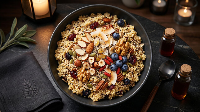 Black bowl filled with crunchy granola breakfast cereal mixed with fresh berries and assorted nuts