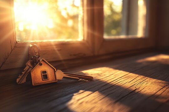 House key keyring sunlight wooden floor window home real estate property security warm light metal house shaped keychain key lock dwelling residence interior close up indoor morning shadow