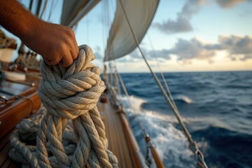 Fototapeta premium Sailor tying knot with thick rope on sailboat deck at sea during sunset, hand holding coiled rope, nautical travel and ocean motion