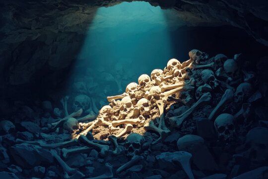 Ancient bones pile in dark cave under light beam, eerie burial chamber with skeleton remains and skulls