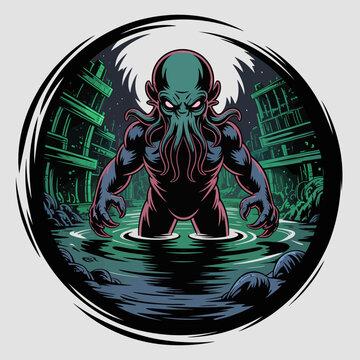 Cthulhu monster creature standing water.
