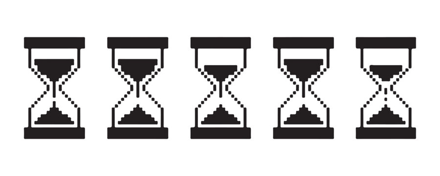 Retro pixelated sandglass collection for digital interface design and computer waiting indicators.