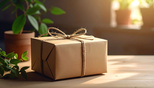 Simple brown paper gift box tied with twine on a wooden table, soft natural light, green plants, perfect for unboxing or surprise concepts