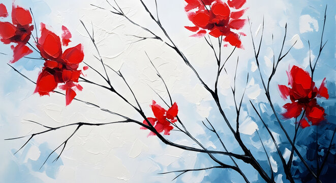 Vibrant red maple flowers blooming on bare branches against bright blue sky in spring