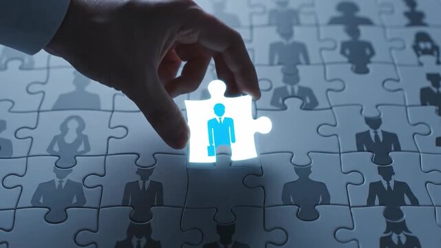 Close-up of a hand placing a glowing puzzle piece with a human figure into a larger puzzle with many similar pieces, conveying a technological and problem-solving concept.