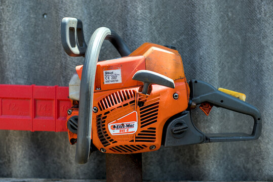 Teplyk, Ukraine, May 28, 2026: used chainsaw Oleo-mac for professionals