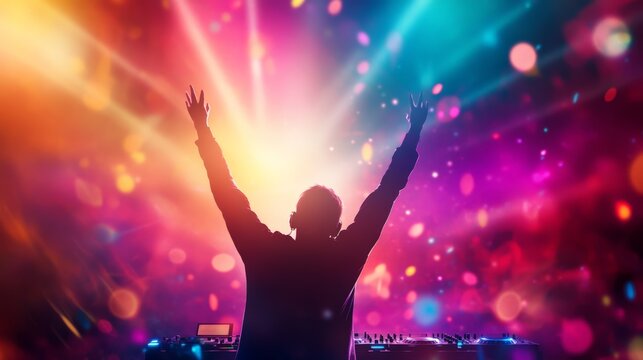 Silhouette of a disc jockey playing music at a concert with colorful stage lights, bokeh effect and arms raised, enjoying the party atmosphere