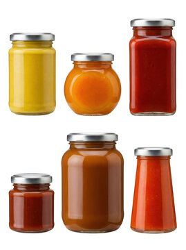 Set of glass jars with various colorful sauces, mustard, ketchup and jam isolated on transparent background