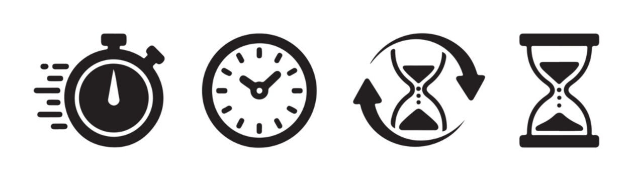 Speed and time icons including fast stopwatch classic clock face and sandglass with circular arrows.
