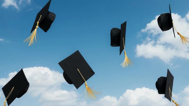 3D animation of graduation caps floating 