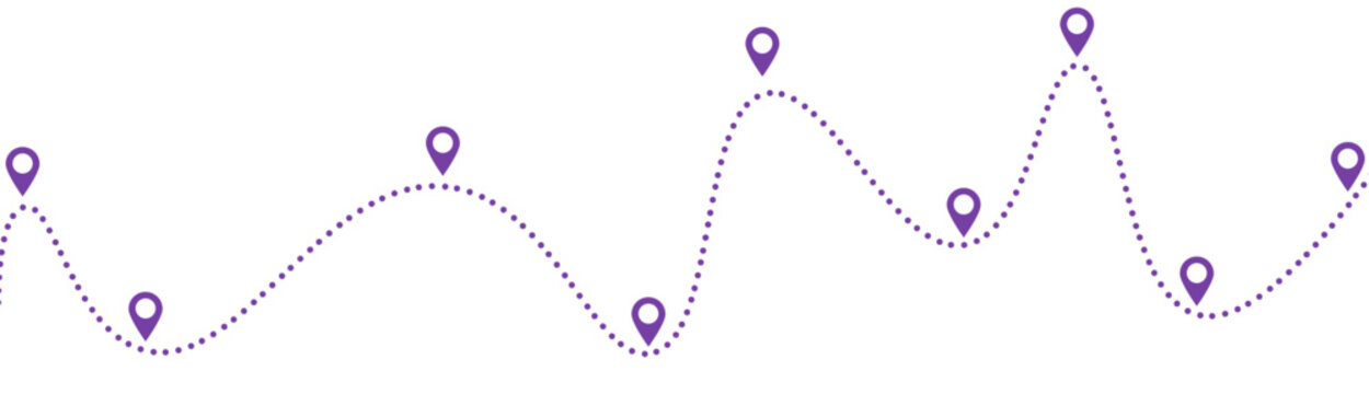 Purple dotted wavy path with location pins showing travel route, navigation, mapping, and journey progression

