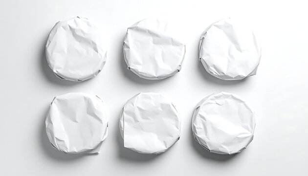 Six round white crumpled paper objects arranged in two rows on a white background, studio lighting, abstract presentation