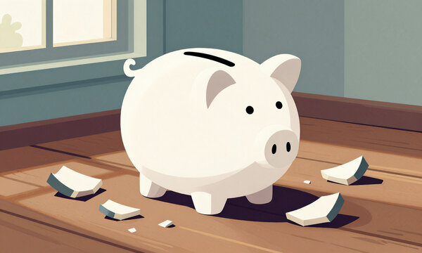 shot captures shattered remnants white piggy bank splayed across weathered wooden floor bathed soft morning light