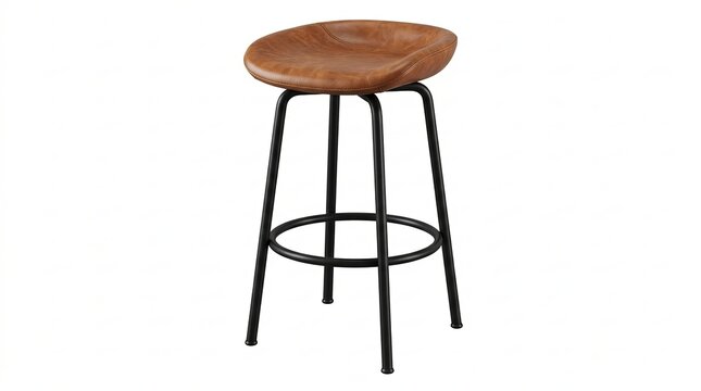 Modern Brown Leather Bar Stool with Black Metal Legs