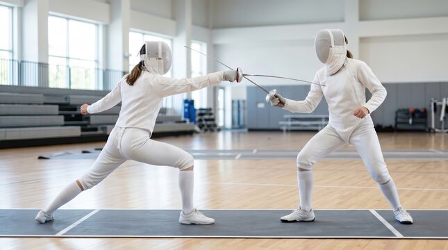 Two Fencers Competing in a Sports Arena