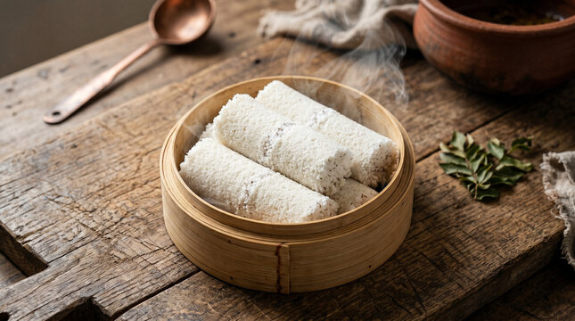Steaming rice flour puttu cylinders in bamboo steamer on rustic board with breakfast, traditional