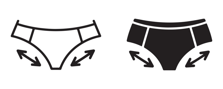 Men briefs with arrows pointing to stretchable area, outline and shihouette style underwear icon set.