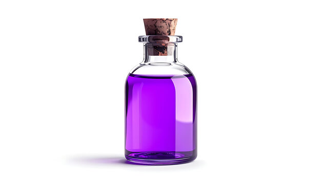 Small glass bottle with cork stopper filled with vibrant purple liquid, isolated on white background, potion or elixir