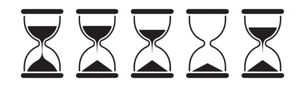 Five hourglass icons showing different stages of sand falling hourglass illustrations for time.