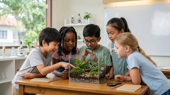 Children exploring a terrarium in a science class for a biology lesson