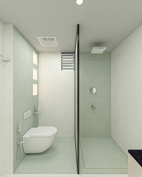 Contemporary Master bathroom interior with textured mint green wall tiles, wall-hung toilet, and modern glass shower partition