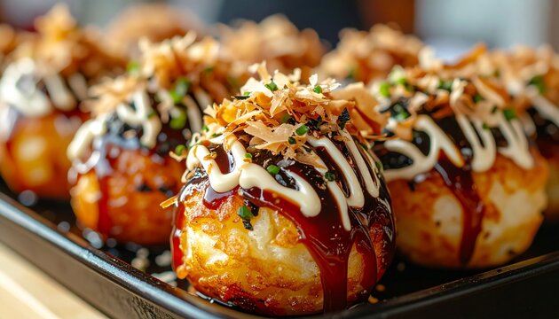 Delicious takoyaki balls on a plate.