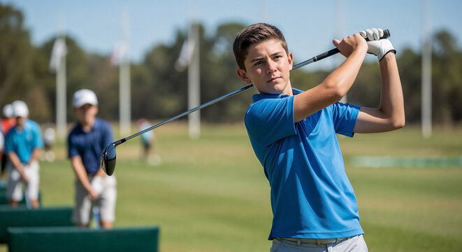 Determined young golfer concentrating on swing on sunny green course, active player practices precise technique, holding club high for powerful shot, other players visible.