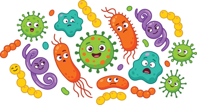 Cute Microbes and Bacteria Cartoon Vector Set Featuring Colorful Virus Pathogens with Different Expressions for Childrens Health and Science Educational Designs