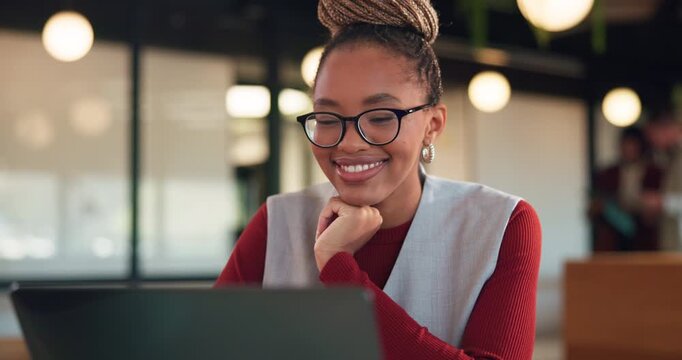 Laptop, smile and creative woman with online feedback, solution or editing post in office. Happy, reading and copywriter with glasses and computer for internship, email or newsletter at agency
