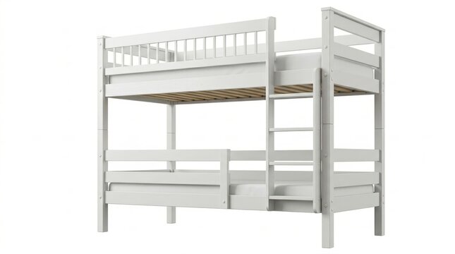 Modern White Wooden Bunk Bed for Kids Isolated on White Background