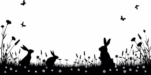 Rabbit Silhouette Scene With Wildflowers And Flying Insects © Uttam
