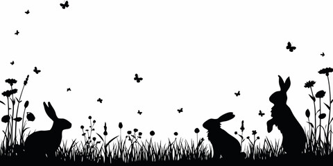 Rabbit Silhouette Scene With Wildflowers And Butterflies On White Background © Uttam
