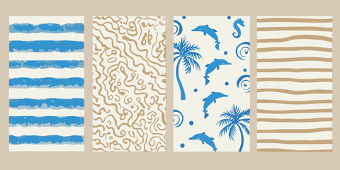 Coastal themed patterns with waves dolphins and palm trees vector illustration © Uttam