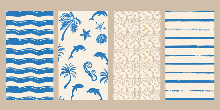 Nautical Pattern Collection With Waves Palms And Marine Life