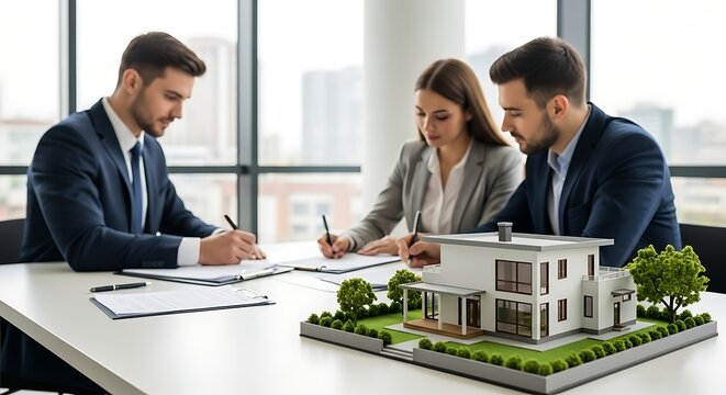 Professional team signing real estate contracts with house model
