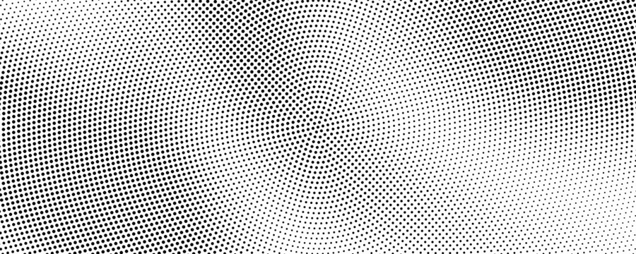 Halftone radial split gradient pattern, black dots forming dynamic center fade, minimal abstract geometric texture perfect for visual layout