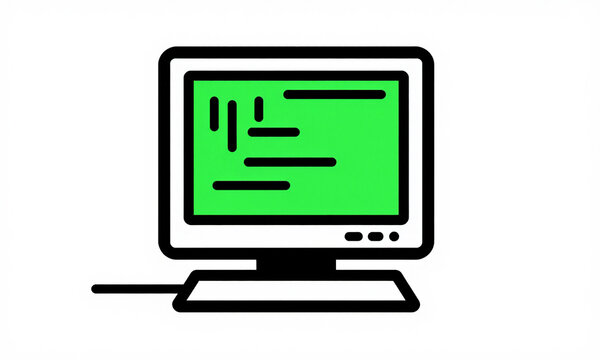dimly lit room casts soft glow vintage computer monitor displaying vibrant green code view cables trailing