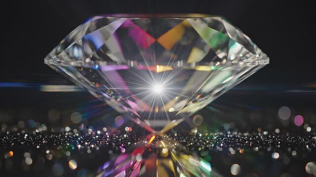 Shining sparkling diamond with colorful light reflections on dark glittering surface