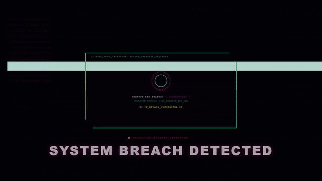 System Breach Detected Alert Screen Displaying Decrypt Key Status Compromised Node Port Intrusion IP Bypass Successful Notification Cyan HUD Terminal Background.