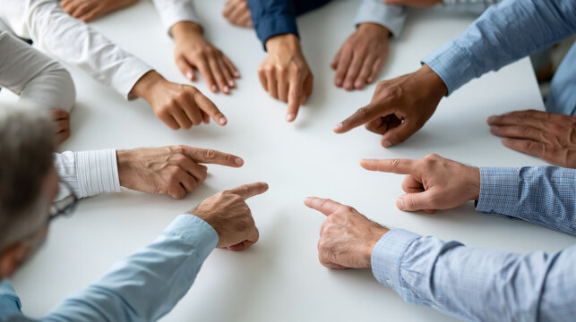 Accusation in the Boardroom: A group of hands point fingers at each other around a circular table, symbolizing blame, conflict, and division within a business setting.