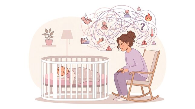 Mother is seated in a rocking chair looking concerned while watching her baby in a crib. Thoughts of various worries fill her mind.