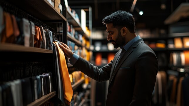 Man Choosing Tie: A dapper gentleman in a suit carefully selects a vibrant orange tie from a shelf filled with various neckwear options, showcasing sophisticated style and personal choice.