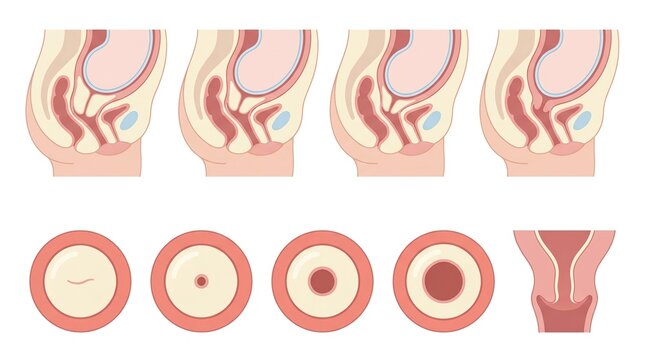 This set displays childbirth anatomy and labor preparation, focusing on effacement and dilation stages to aid in understanding the process.