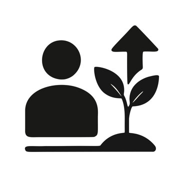 Illustration of a person beside a growing plant with an upward arrow, representing personal achievement and self-development